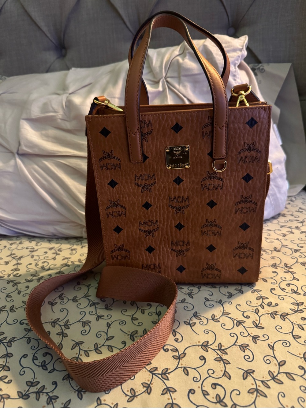 MCM Brown Visetos Leather Crossbody Tote with Gold Hardware